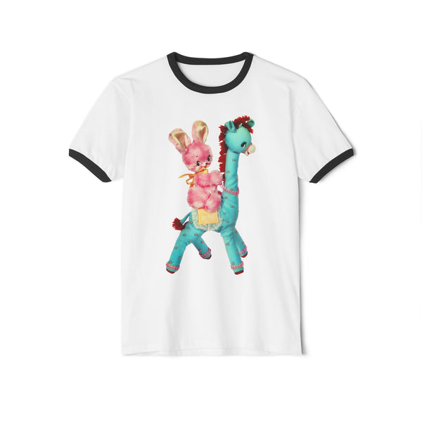 Kitschy Cute Giraffe and Bunny Unisex Cotton Ringer T-Shirt