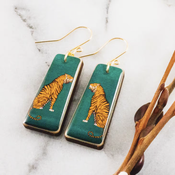 Emerald Green Tiger Tapered Rectangle Earrings