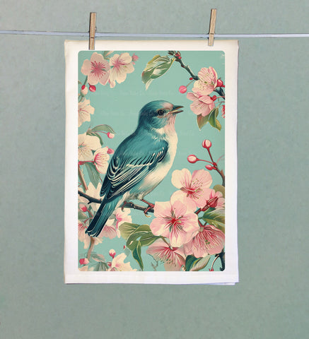 Bluebird in Cherry Tree Organic Tea Towel