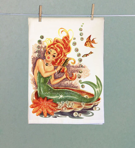 Red Haired Mermaid Organic Tea Towel