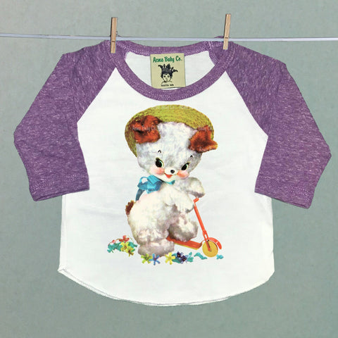 Kitschy Cute Puppy Dog Raglan Baseball Shirt in Lavender
