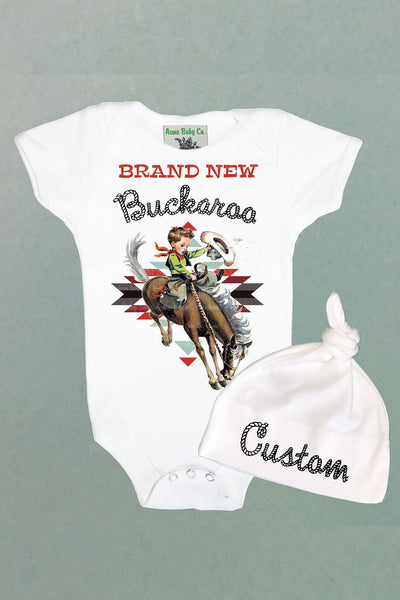 Personalized Brand New Buckaroo Organic Baby Bodysuit and Cap Set