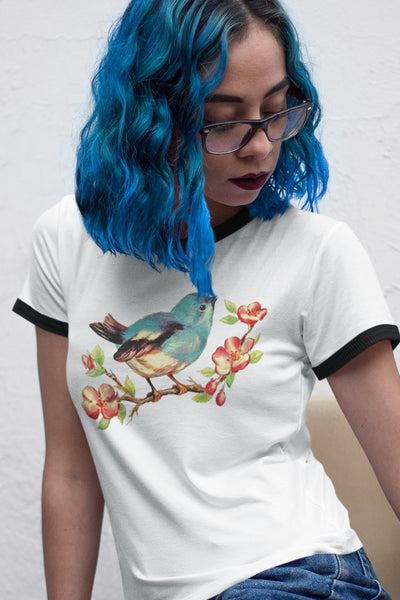 Bluebird on Cherry Blossom Cotton Ringer T-Shirt