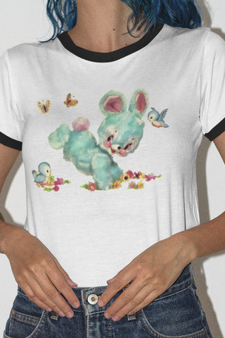Blue Hoppity Bunny Unisex Cotton Ringer T-Shirt