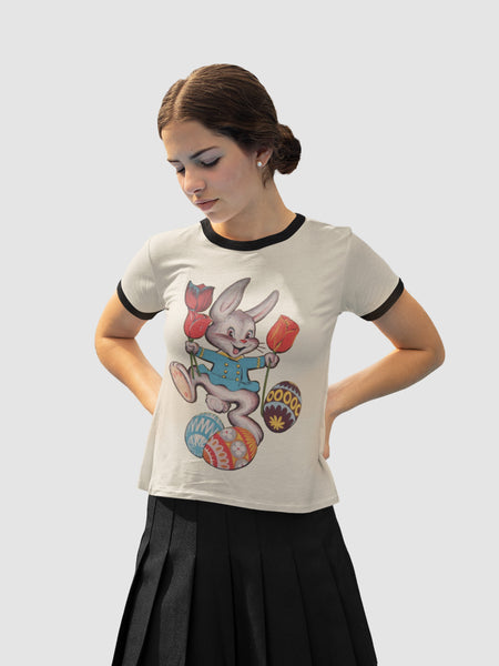 Bunny with Tulips Unisex Cotton Ringer T-Shirt