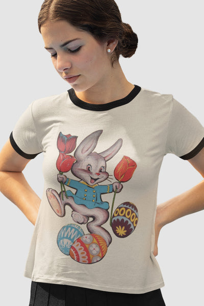 Bunny with Tulips Unisex Cotton Ringer T-Shirt