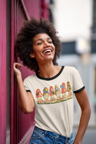 Happy Mushrooms Unisex Cotton Ringer T-Shirt
