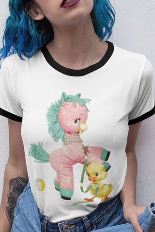 Kitschy Cute Pink Pony Unisex Cotton Ringer T-Shirt