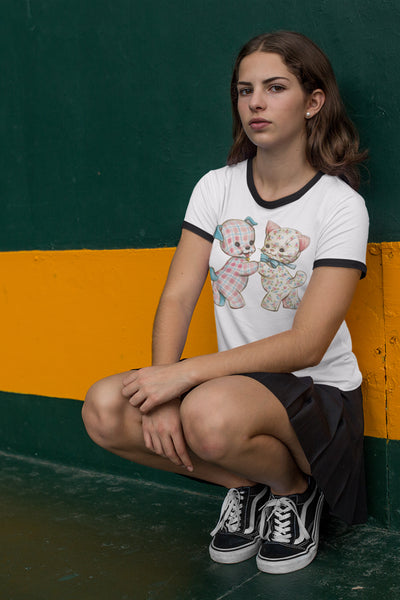 Pastel Kitty and Puppy Unisex Cotton Ringer T-Shirt