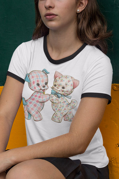 Pastel Kitty and Puppy Unisex Cotton Ringer T-Shirt