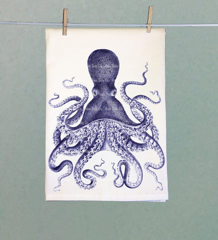 Blue Octopus Retro Organic Tea Towel