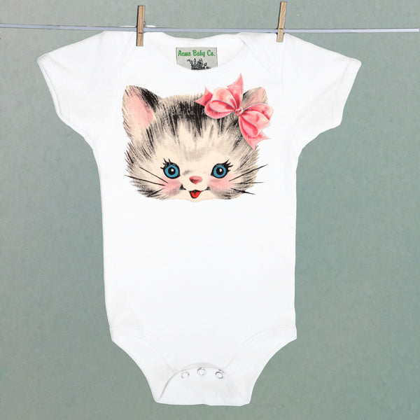 Kitty Cat with Pink Bow Organic One Piece Baby Bodysuit