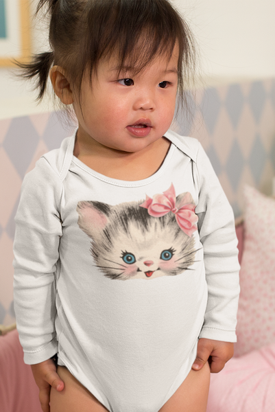 Kitty Cat with Pink Bow Organic One Piece Baby Bodysuit