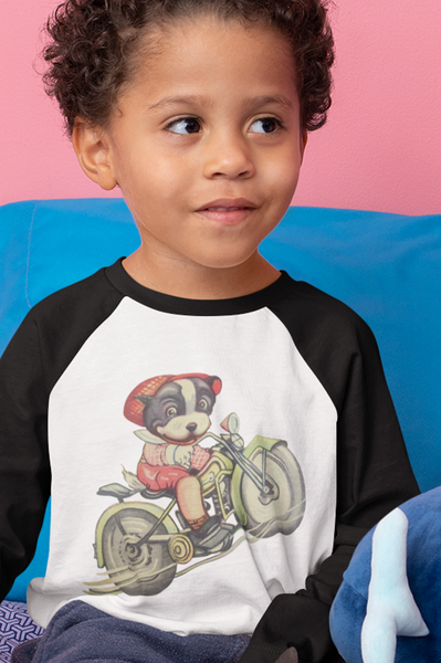 Motorcycle Boston Terrier Children's Raglan Shirt