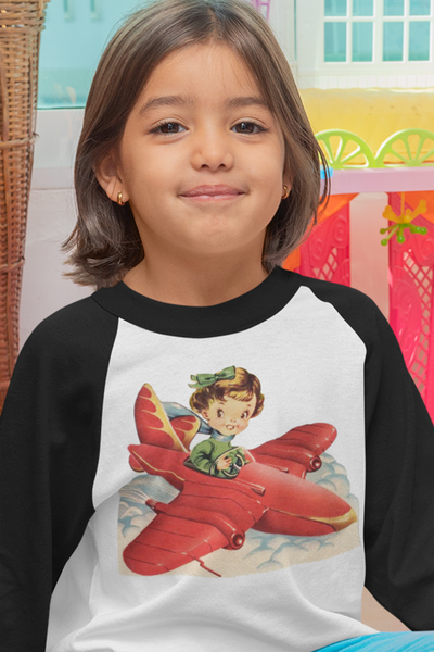 Children's Retro Baseball Raglan Shirt with Girl Pilot