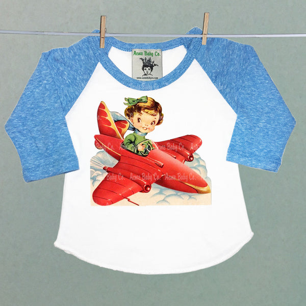 Children's Retro Baseball Raglan Shirt with Girl Pilot