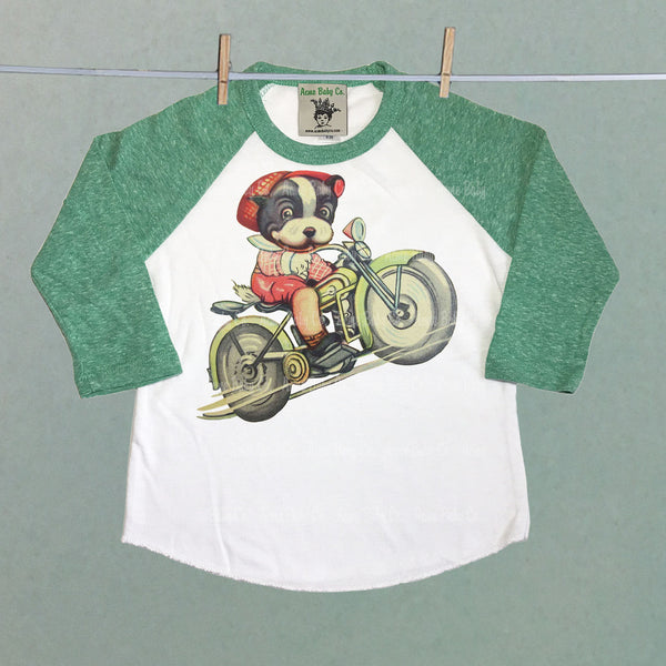 Motorcycle Boston Terrier Children's Raglan Shirt