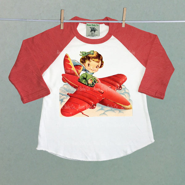 Children's Retro Baseball Raglan Shirt with Girl Pilot