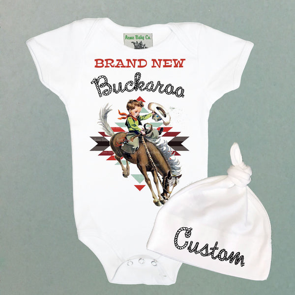 Personalized Brand New Buckaroo Organic Baby Bodysuit and Cap Set