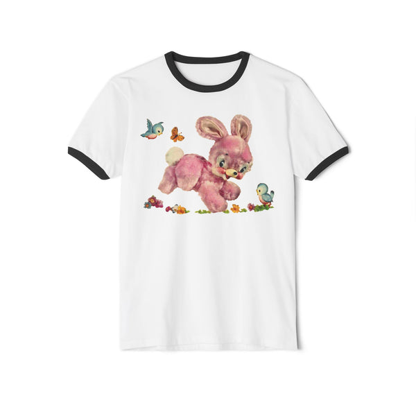 Pink Hoppity Bunny Rabbit Unisex Cotton Ringer T-Shirt