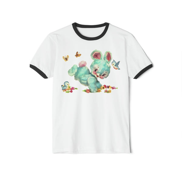 Blue Hoppity Bunny Unisex Cotton Ringer T-Shirt