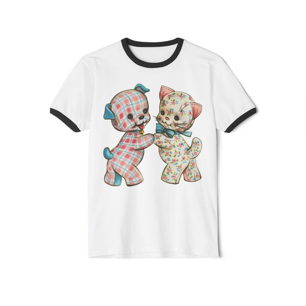 Pastel Kitty and Puppy Unisex Cotton Ringer T-Shirt