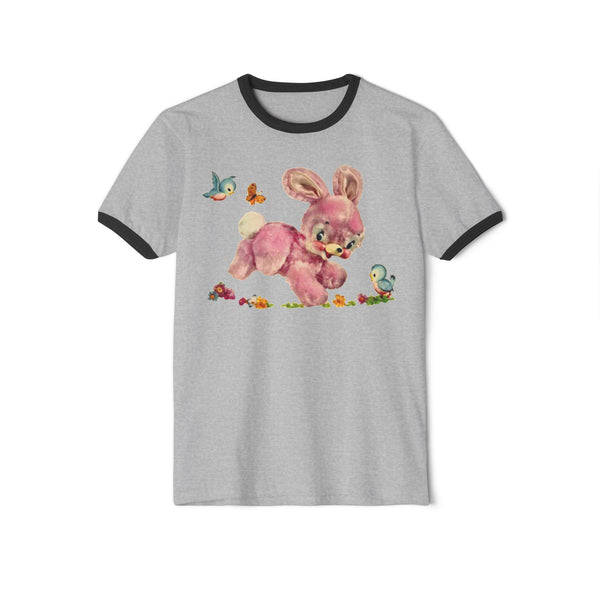 Pink Hoppity Bunny Rabbit Unisex Cotton Ringer T-Shirt