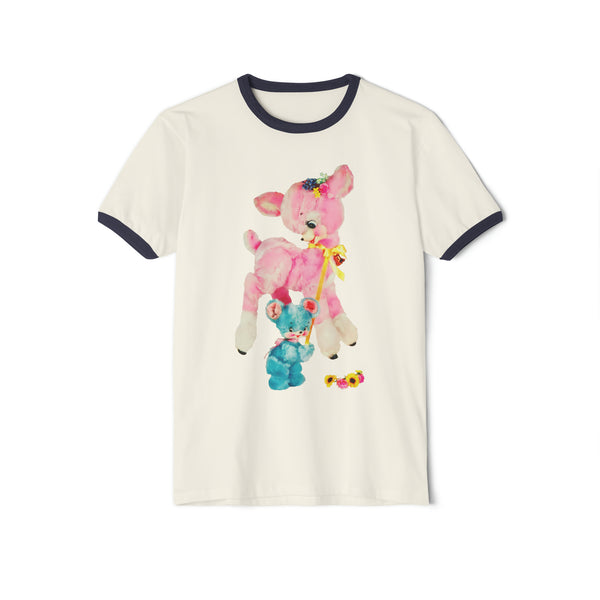 Kitschy Cute Pink Deer Unisex Cotton Ringer T-Shirt