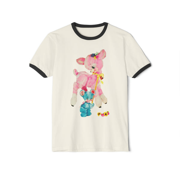 Kitschy Cute Pink Deer Unisex Cotton Ringer T-Shirt