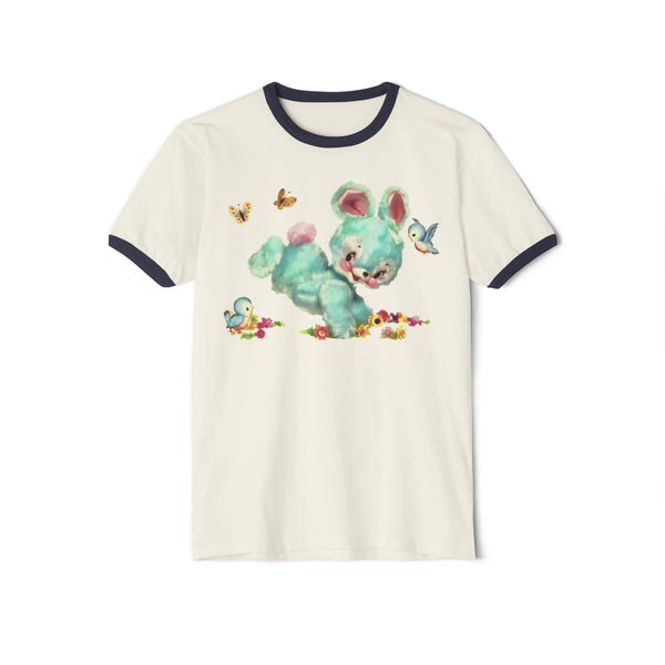 Blue Hoppity Bunny Unisex Cotton Ringer T-Shirt