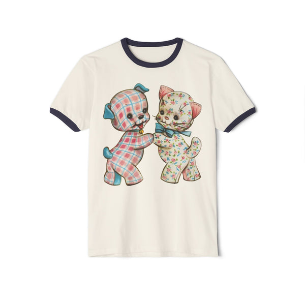 Pastel Kitty and Puppy Unisex Cotton Ringer T-Shirt