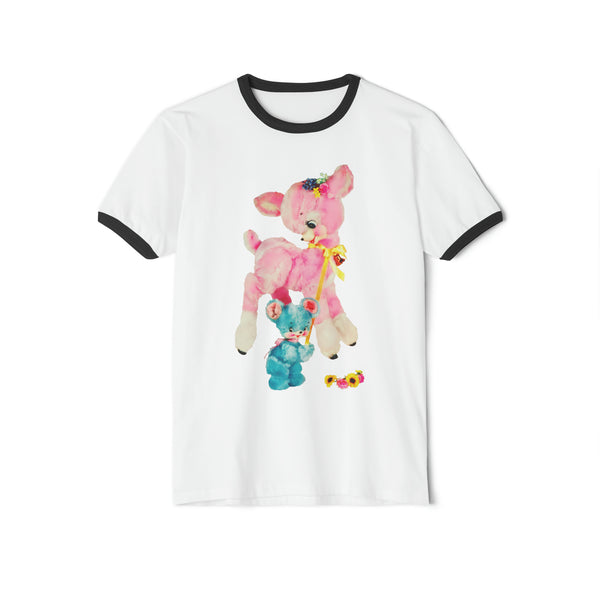 Kitschy Cute Pink Deer Unisex Cotton Ringer T-Shirt