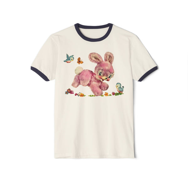 Pink Hoppity Bunny Rabbit Unisex Cotton Ringer T-Shirt