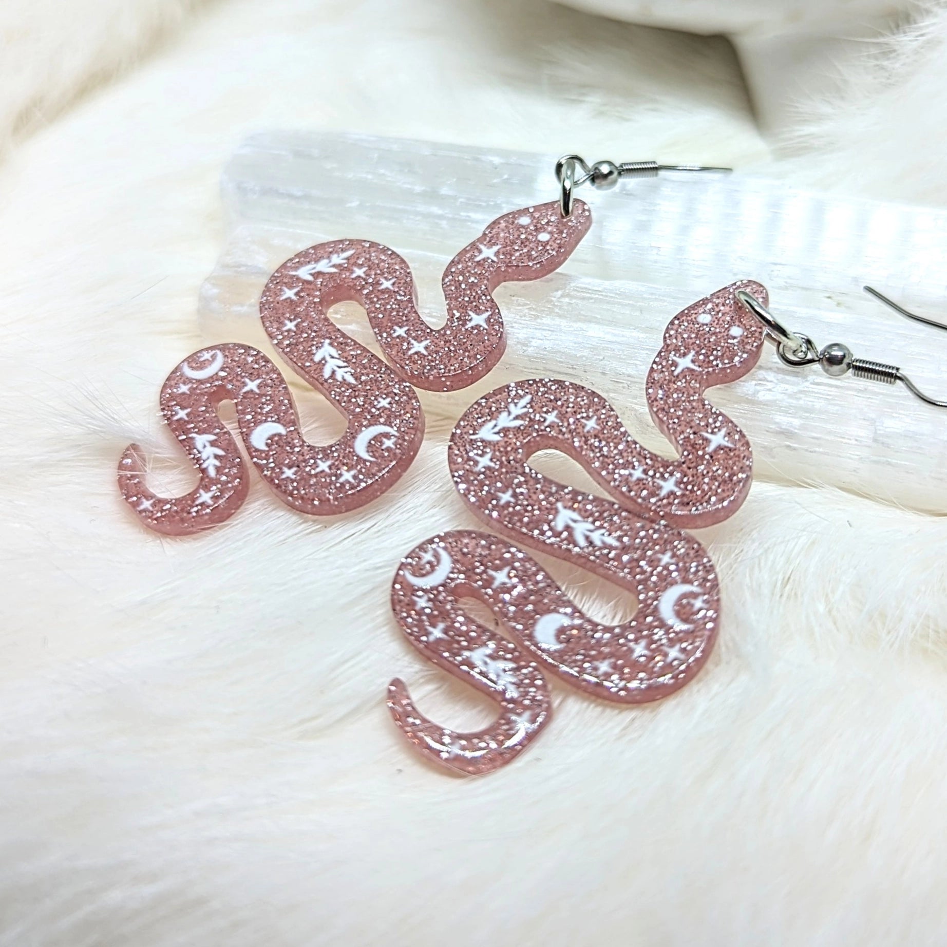 Acrylic Snake Earrings Celestial Witchy Pink Glitter