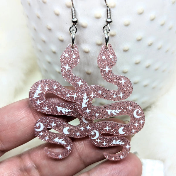Acrylic Snake Earrings Celestial Witchy Pink Glitter