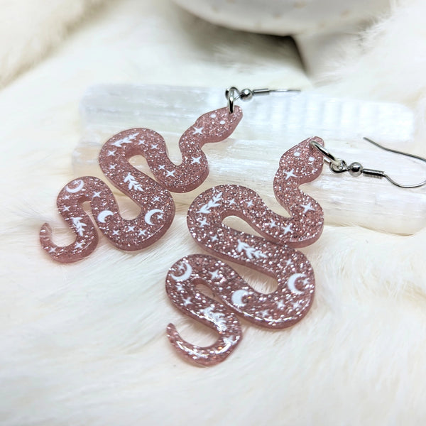 Acrylic Snake Earrings Celestial Witchy Pink Glitter