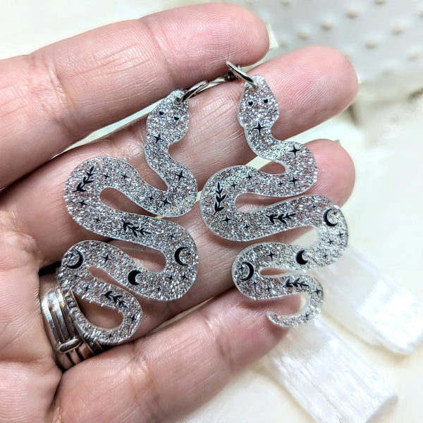 Acrylic Snake Earrings Celestial Witchy Silver Glitter