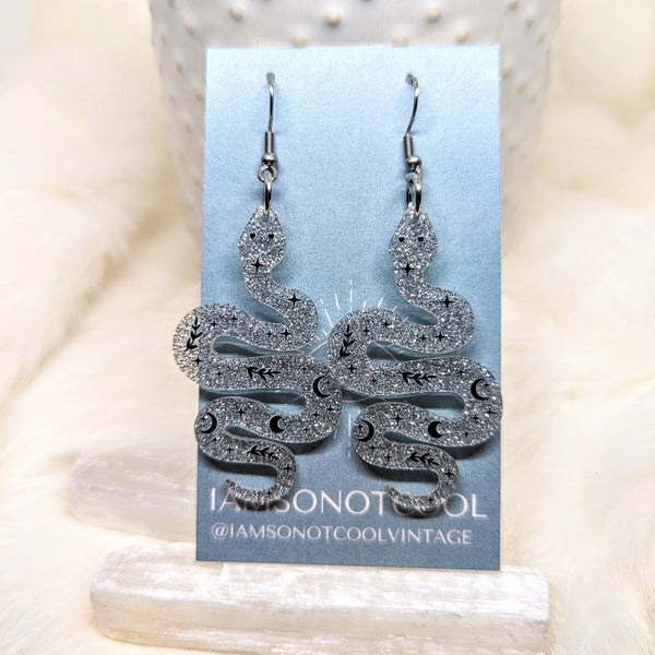 Acrylic Snake Earrings Celestial Witchy Silver Glitter