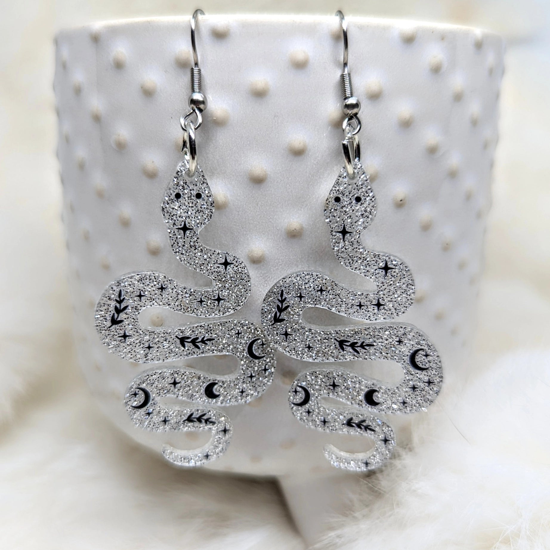 Acrylic Snake Earrings Celestial Witchy Silver Glitter