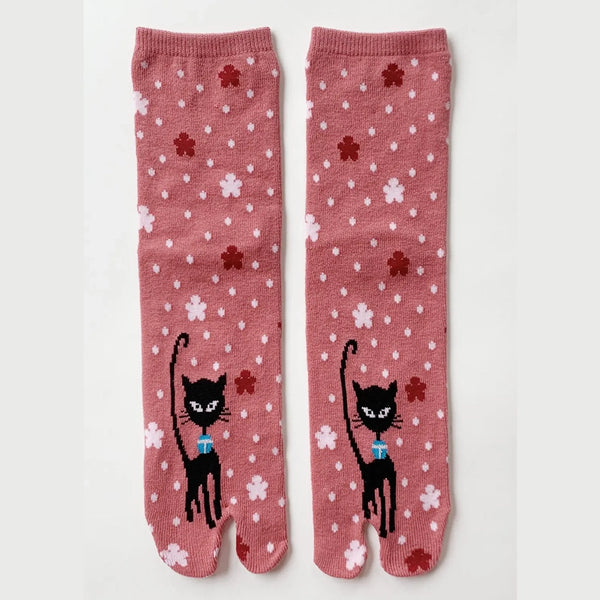 Black Kitty Tabi Socks in Cherry Blossom