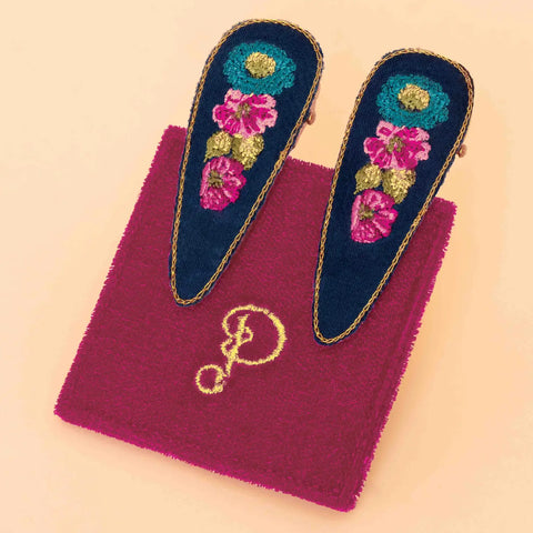 Embroidered Hair Clips (Set of 2) - Vintage Floral, Navy