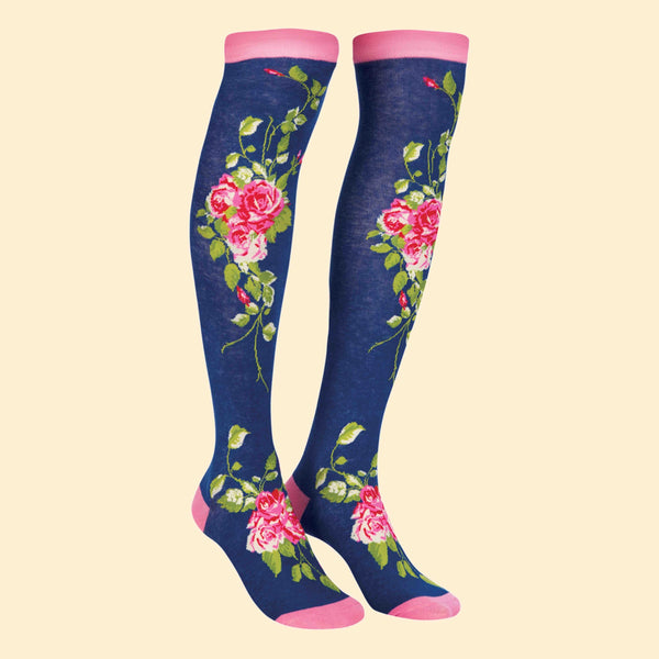 Floral Vines Long Socks - Navy