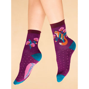 Fox in A Meadow Ankle Socks - Grape