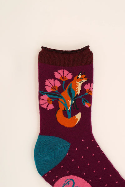 Fox in A Meadow Ankle Socks - Grape
