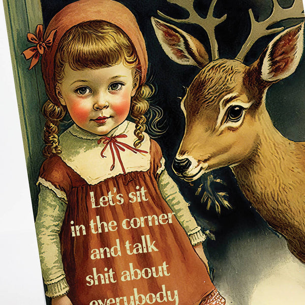 Let's Talk Shit Greeting Card - Funny Retro Girl with Deer