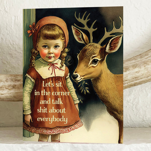 Let's Talk Shit Greeting Card - Funny Retro Girl with Deer