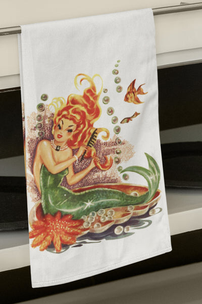 Red Haired Mermaid Organic Tea Towel