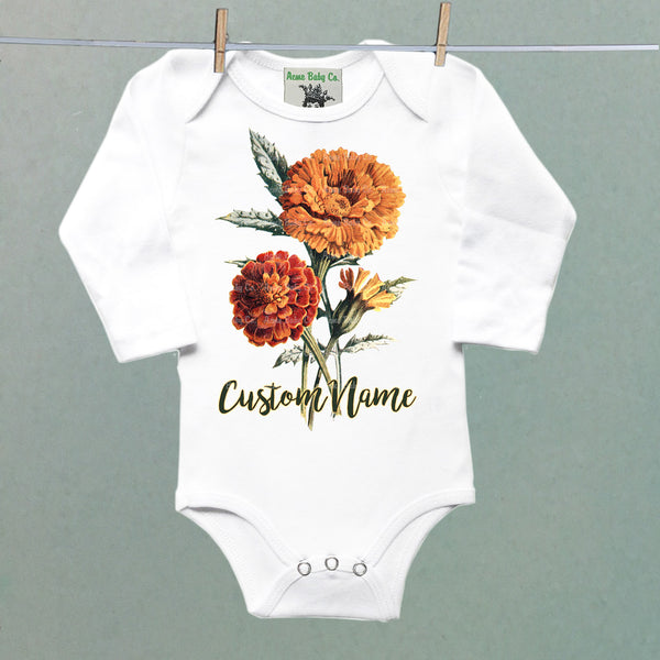 Personalized Birth Month October Marigolds Organic One Piece Baby Bodysuit