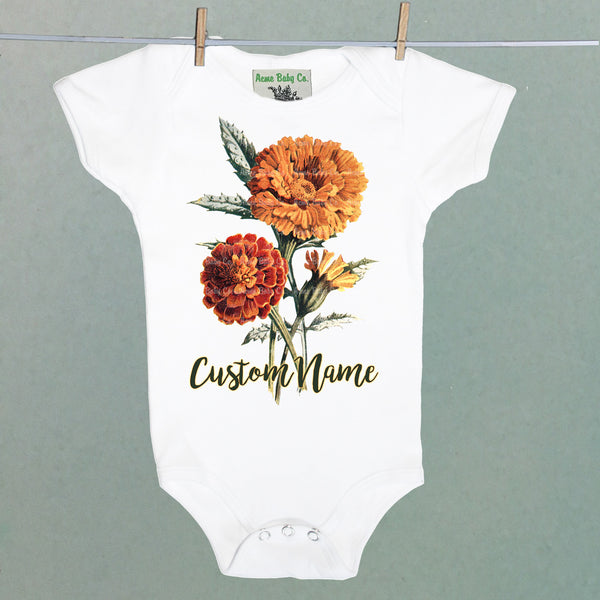 Personalized Birth Month October Marigolds Organic One Piece Baby Bodysuit