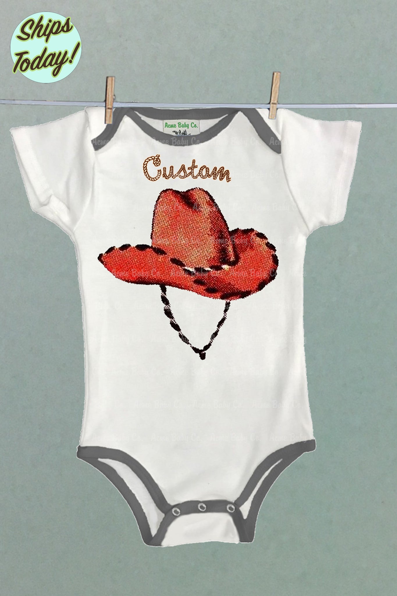 Personalized Cowboy hat One Piece Bodysuit with Color Trim